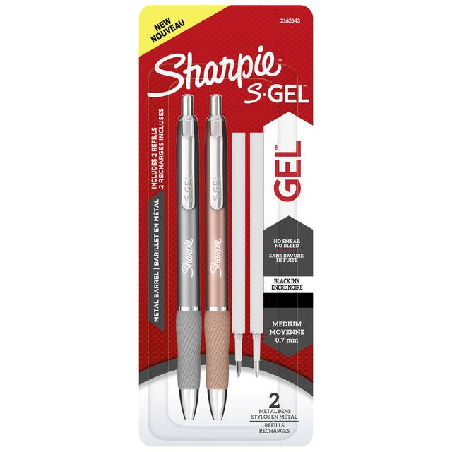 Sharpie - ie S-gel roller, medium punt, zwarte inkt, blister van 2 stuks in metallic kleuren met 2 vullingen