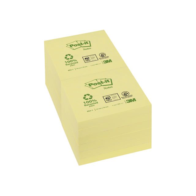 Post-it-memoklok 3m Post-it 654 76x76mm Recycle jaune | Box A 12 pièces x 100 feuilles | 12 pièces