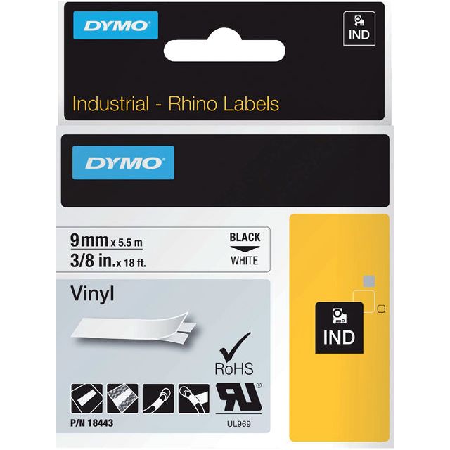 Dymo - Labele Rhino 18443 Vinyl 9mmx5,5 m schwarz auf Weiß