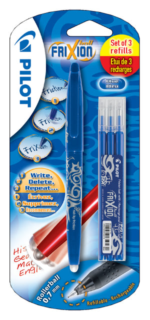 Pilot - Gelroller Frixion Ball, Blasen von 4 Teilen (1 Gelroller + 3 Füllungen), blau