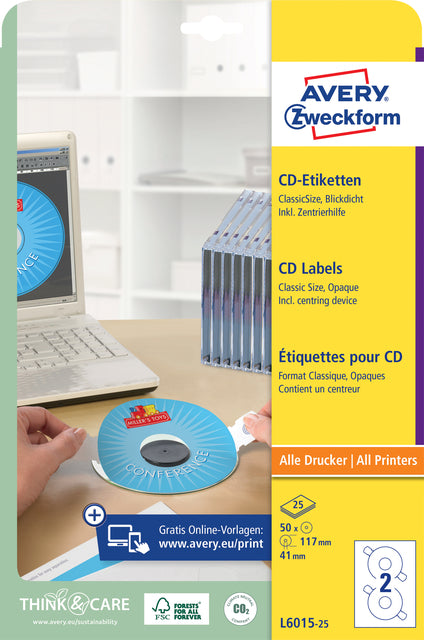 Avery Zweckform - ZWeckform L6015-25 CD -Etiketten, Durchmesser 117 mm, 50 Etiketten, weiß