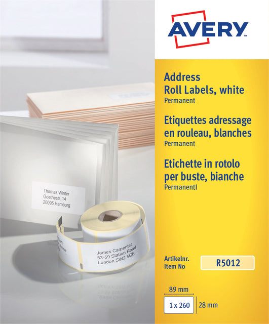 Avery - Etiket avery r5012 thermisch 89x28mm wit 260 stuks