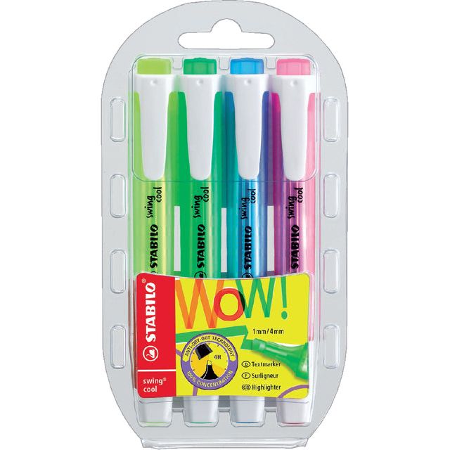 STABILO - Swing cool markeerstift, blister van 4 stuks in geassorteerde kleuren