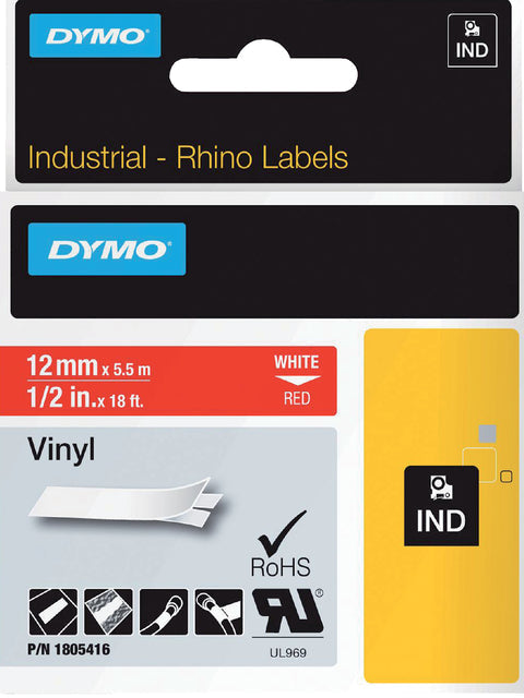 Dymo - RHINO vinyle 12 mm, wit op rood