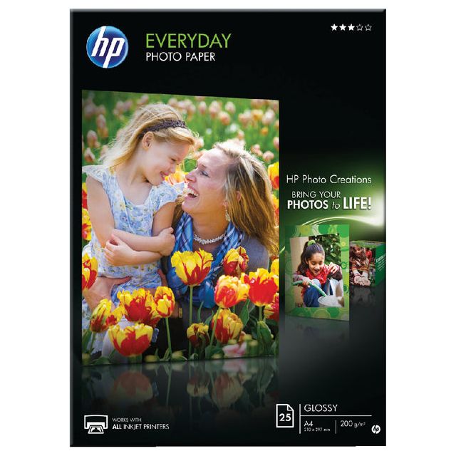 HP - Papier photo de tous les jours Ft A4, 200 g, 25 niveaux, brillant