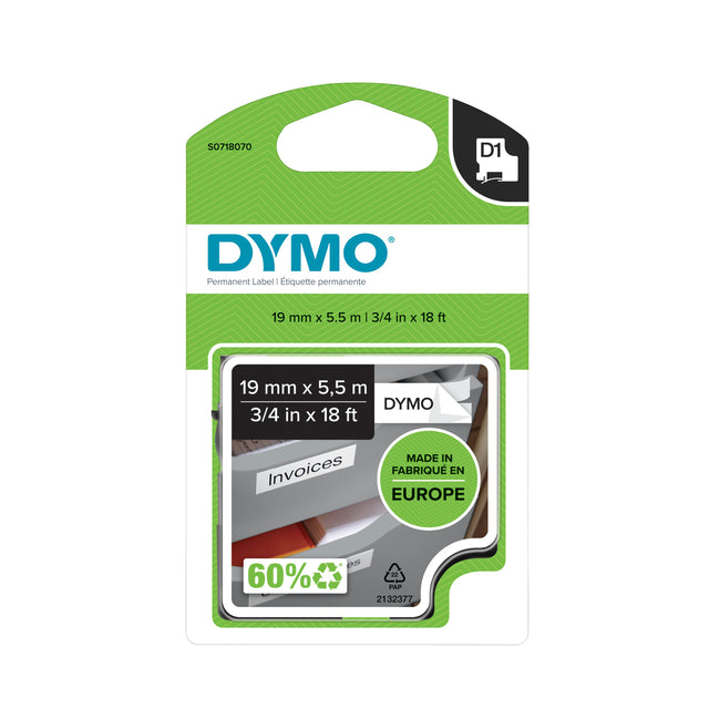 Dymo - D1 Permanent Polyester 19 mm, Schwarz und Weiß