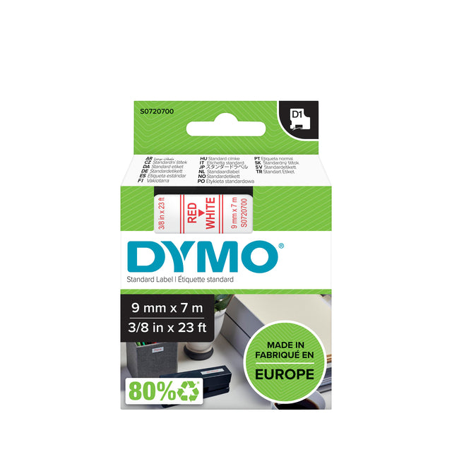 Etikett Tape Dymo D1 40915 720700 9mmx7m Polyester rot auf Weiß