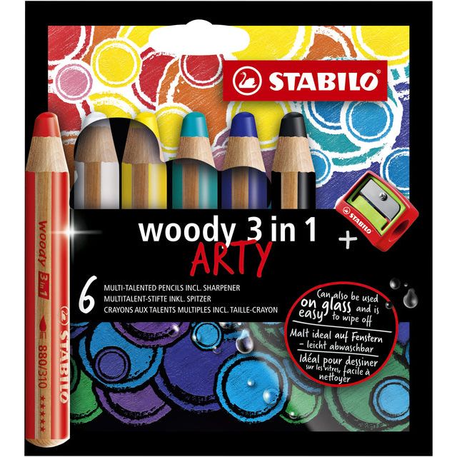 Stabilo-gefärbte Stifte Woody 8806-1-20 Penny von 6 Farben mit einem Bleistiftschärfer