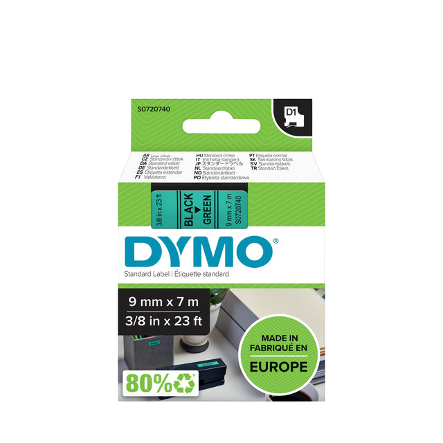 Dymo - D1 e 9 mm, zwart op groen