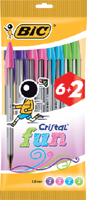 BIC - Ballpen Cristal Assorti Moyenne Fun Fun Pouch à 6 + 2 GRATUIT