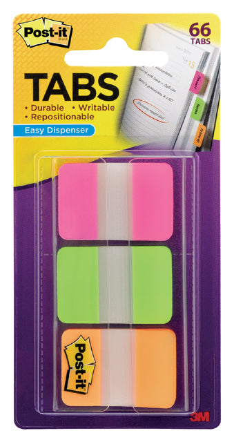 Post-it - Index Strong, ft 25,4 x 38 mm, set van 3 kleuren (roze, groen en oranje), 22 tabs per kleur