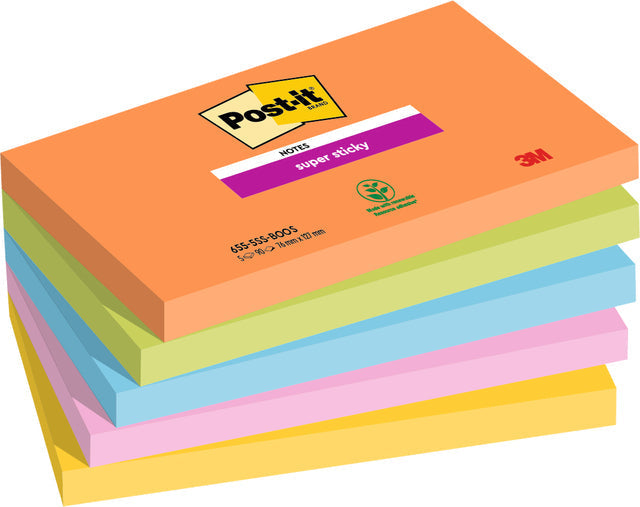 Post-it - Super Sticky notes Boost, 90 vel, ft 76 x 127 mm, geassorteerde kleuren, pak van 5 blokken