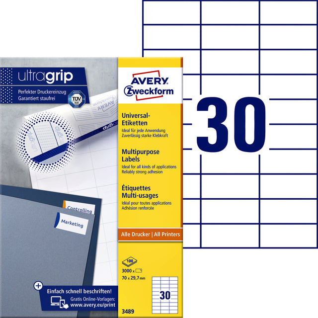 Avery Zweckform - Zweckform 3489, labels universels, ultragrip, blanc, 100 feuilles, 30 par feuille, 70 x 29,7 mm