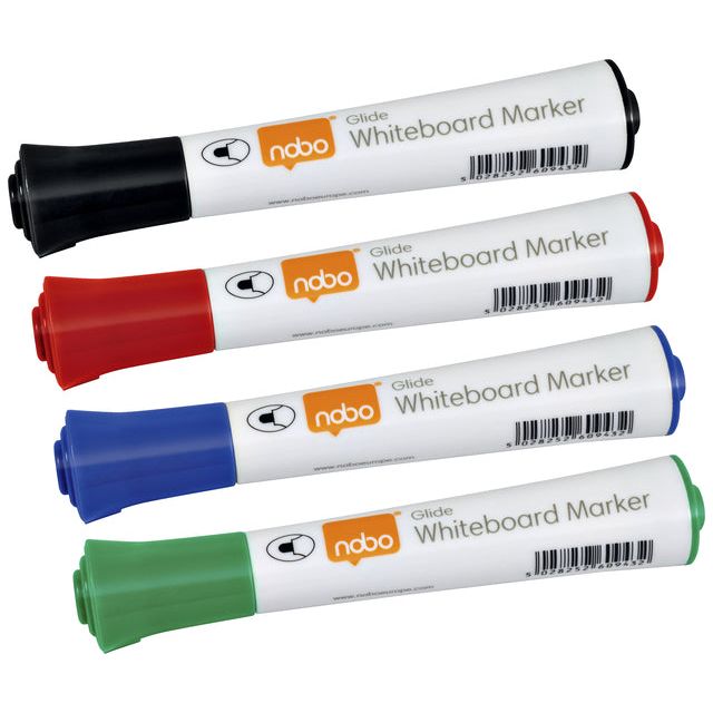 Nobo - Glide whiteboardmarker, pak van 4 stuks, geassorteerde kleuren, op blister