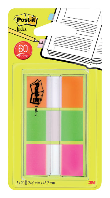 Post -it - Index Standard, Ft 25,4 x 43,2 mm, boursoufleur avec 3 couleurs, 20 onglets par couleur