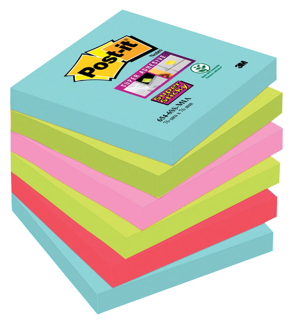 Post -it - Super Sticky Notes Cosmic, 90 feuilles, FT 76 x 76 mm, paquet de 6 blocs