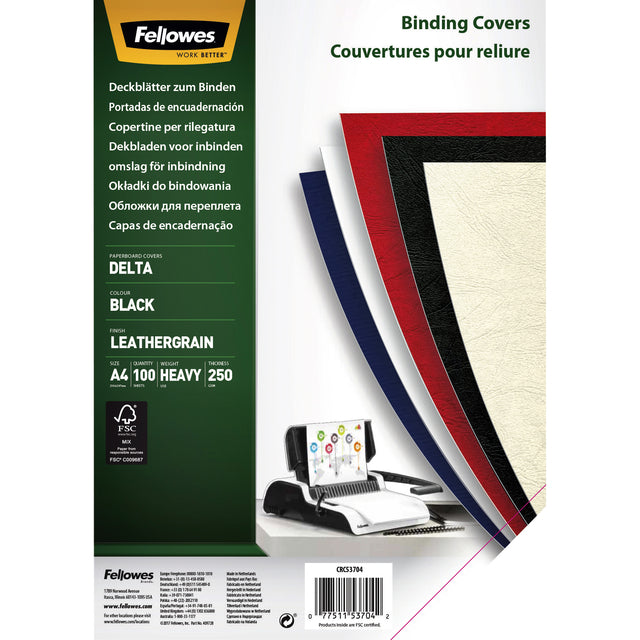 Fellowes - Cover, Ft A4, Pappleder -Look, 250 Mikron, Packung mit 100 Teilen, schwarz