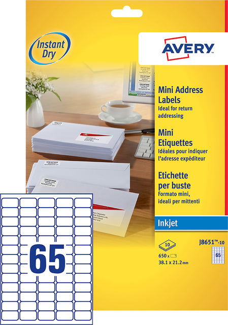 Avery - J8651-10 Mini Labels FT 38,1 x 21,2 mm (B x H), 650 Étiquettes, blanc