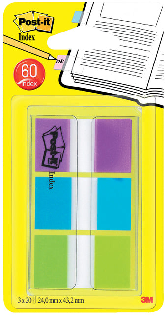 Post -it - Index Standard, Ft 25,4 x 43,2 mm, boursoufleur avec 3 couleurs, 20 onglets par couleur