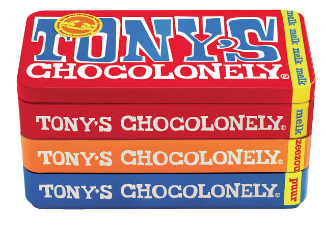 Tony's Chocolonely - Schokoladenbar 180gr in der Dose reiner Milch und Karamell -Meersalz | 8 Stücke