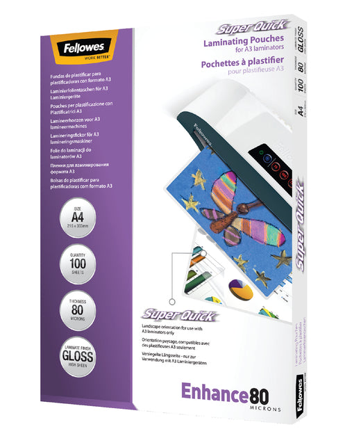 Fellowes - Super Quick lamineerhoes Enhance80 ft A4, 160 micron (2 x 80 micron), pak van 100 stuks