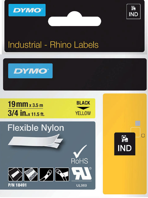 Dymo - Labele Rhino 18491 Nylon 19mmx3,5 m schwarzer Op Geel