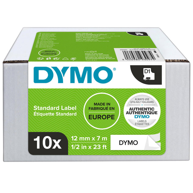 DYMO - D1 E 12 mm, Schwarz und Weiß, Packung von 10 Teilen