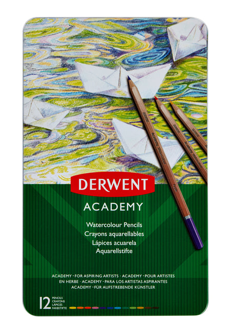 Derwent - aquarelpotlood Academy , blik van 12 stuks in geassorteerde kleuren