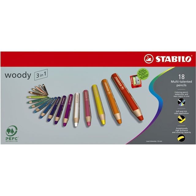 Crayons colorés stabililo woody 880/18 ensemble de 18 couleurs avec un crayon Sharper