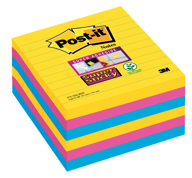 Post -it - Super Sticky Notes XL Carnival, 90 feuilles, ft 101 x 101 mm, doublé, costume d'assorti de 6 blocs