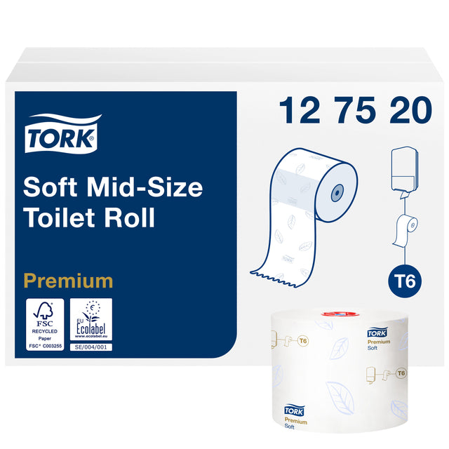 Tork-Toilet-Papier weich, mittelgroß, 2-Laags, System T6, Weiß, Packung mit 27 Rollen