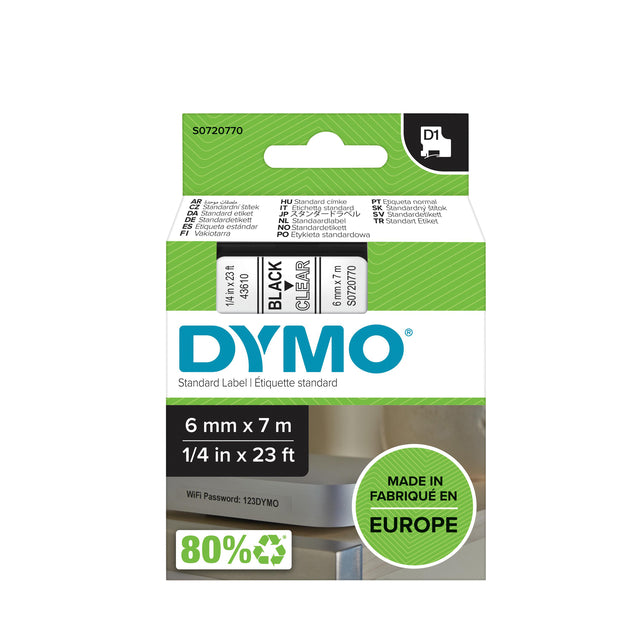 DYMO - LABELE 43610 D1 720770 6mmx7m schwarz auf transparent | 5 Stücke