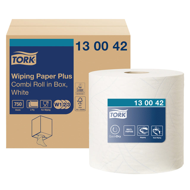 Tork - nettoyage en papier plus combi w1 / 2/3 255m blanc 30042 | Roulez un 1 morceau | 72 pièces