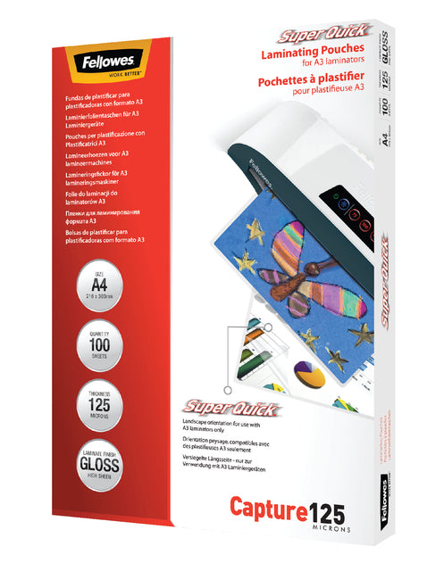 Fellowes - Capture de couverture de laminage125 Super rapide FT A4, 250 micron (2 x 125 micron), 100 pièces pack