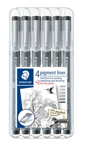 Staedtler - Fineliner Pigment 308 Black Set 4 + 2 gratuit | 16 pièces