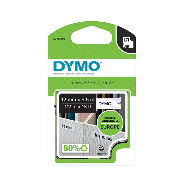 DYMO - LABELE 16955 D1 718060 12 mmx5,5 m Polyschwarz auf Weiß | 5 Stücke