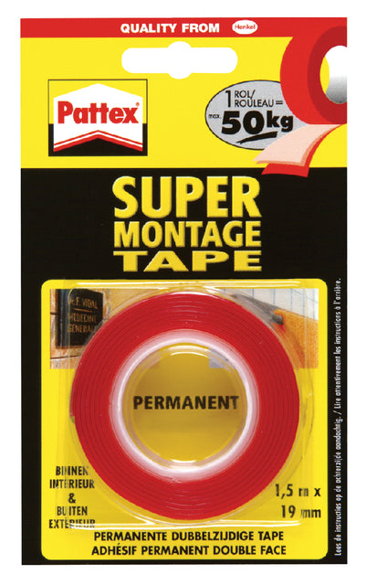 Pattex - Montagee Pas de vis à ongles, FT 1,5 m x 19 mm, porte jusqu'à 120 kg, emballage blister