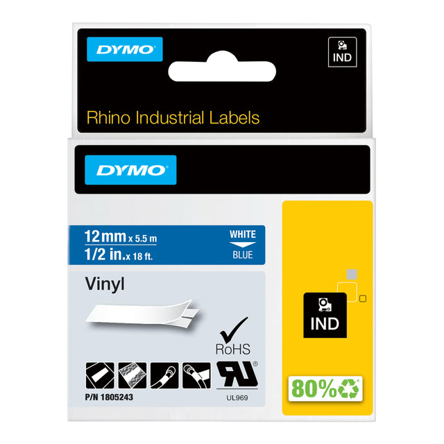 Dymo - RHINO vinyle 12 mm, wit op blauw