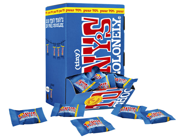 Tony's Chocolonely - mini chocoladereep, 900g, doos van 100 stuks apart verpakt, puur