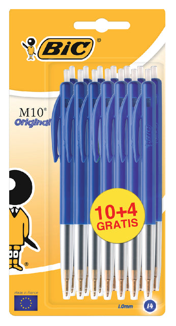 BIC - balpen M10 Clic, 0,4 mm, medium punt, bleu, blister 10 stuks + 4 gratis