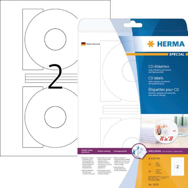 HERMA - Etiket herma 5079 cd 116mm wit opaqua 50 stuks