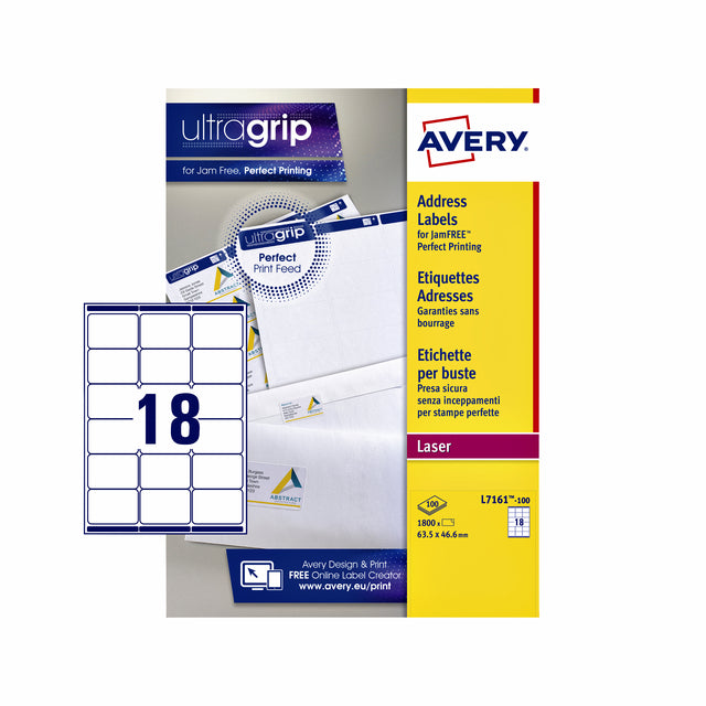 Avery - L7161, Adresetiketten, Laser, Ultragrip, wit, 100 vellen, 18 per vel, 63,5 x 46,6 mm