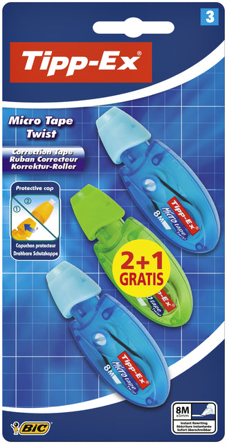 Tipp-Ex - correctieoller Micro e Twist blauw en groen, blister 2+1 gratis