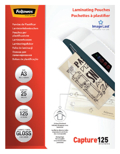 Fellowes - Capture de couverture de laminage125 ft A3, 250 micron (2 x 125 micron), paquet de 25 pièces