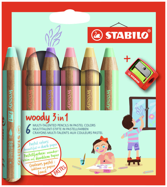 STABILO - woody 3in1 kleurpotlood, etui van 6 stuks in pastel kleuren