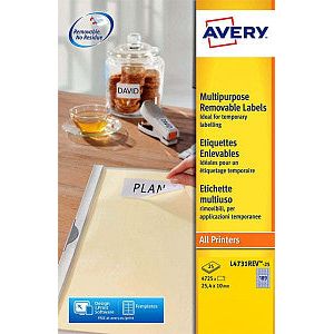 Avery - Etikett Avery L4731Rev -255 25,4x10 mm Weiß 4725 Stücke | PAK A 25 Blatt | 5 Stücke