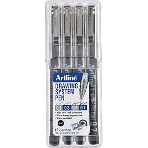 Artline-Fineliner Artline Technisch 0.1-0.3-0.5-0.7mm ZW | Enui un 4 pièces