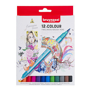 Bruynzeel - Fineliner brush pen bruynzeel set 12 kleuren | Set a 6 stuk